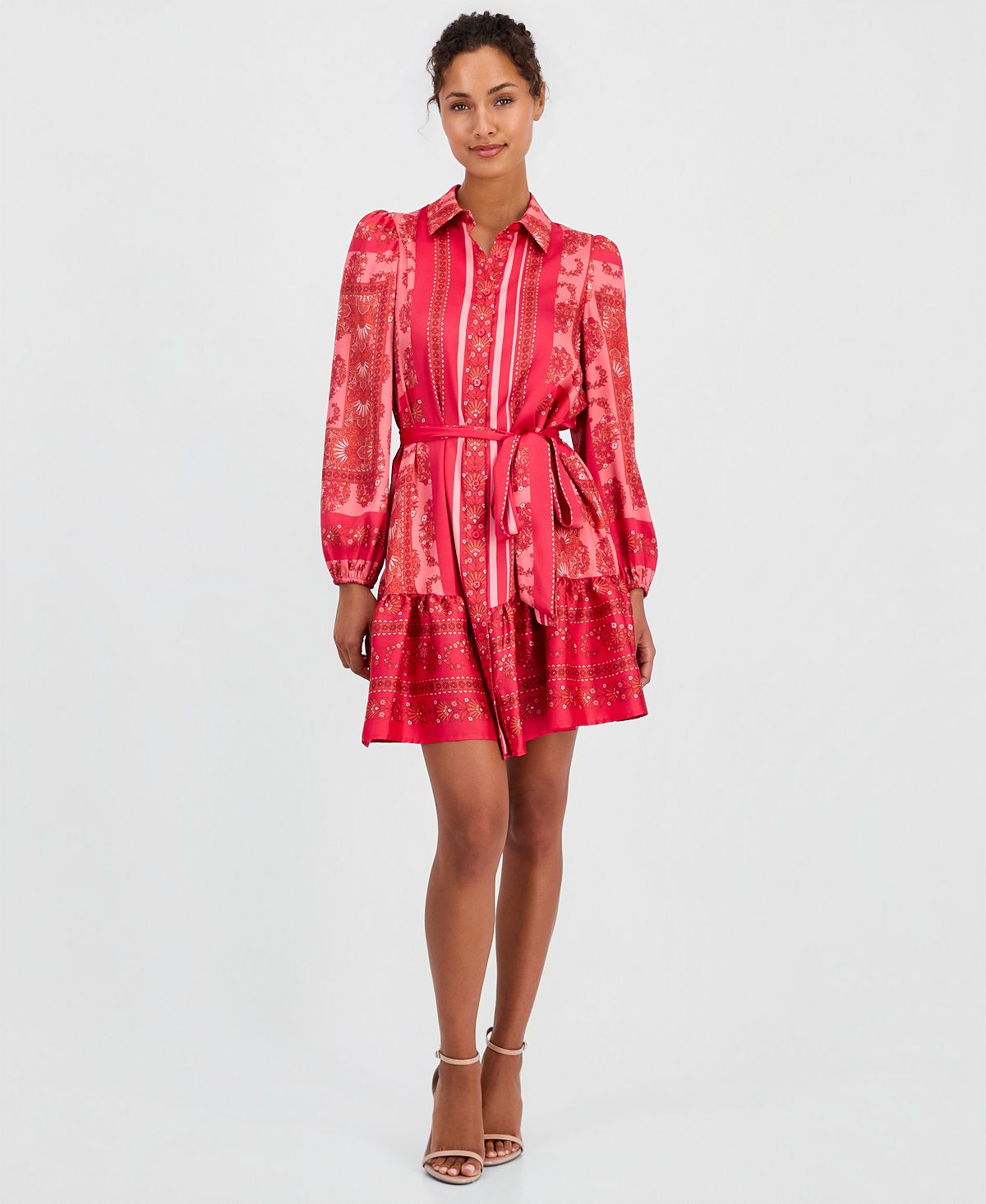 Anne Klein Women's Long-Sleeve Scarf-Print Twill Shirt-Dress view 1 — MAYCSS fashion products