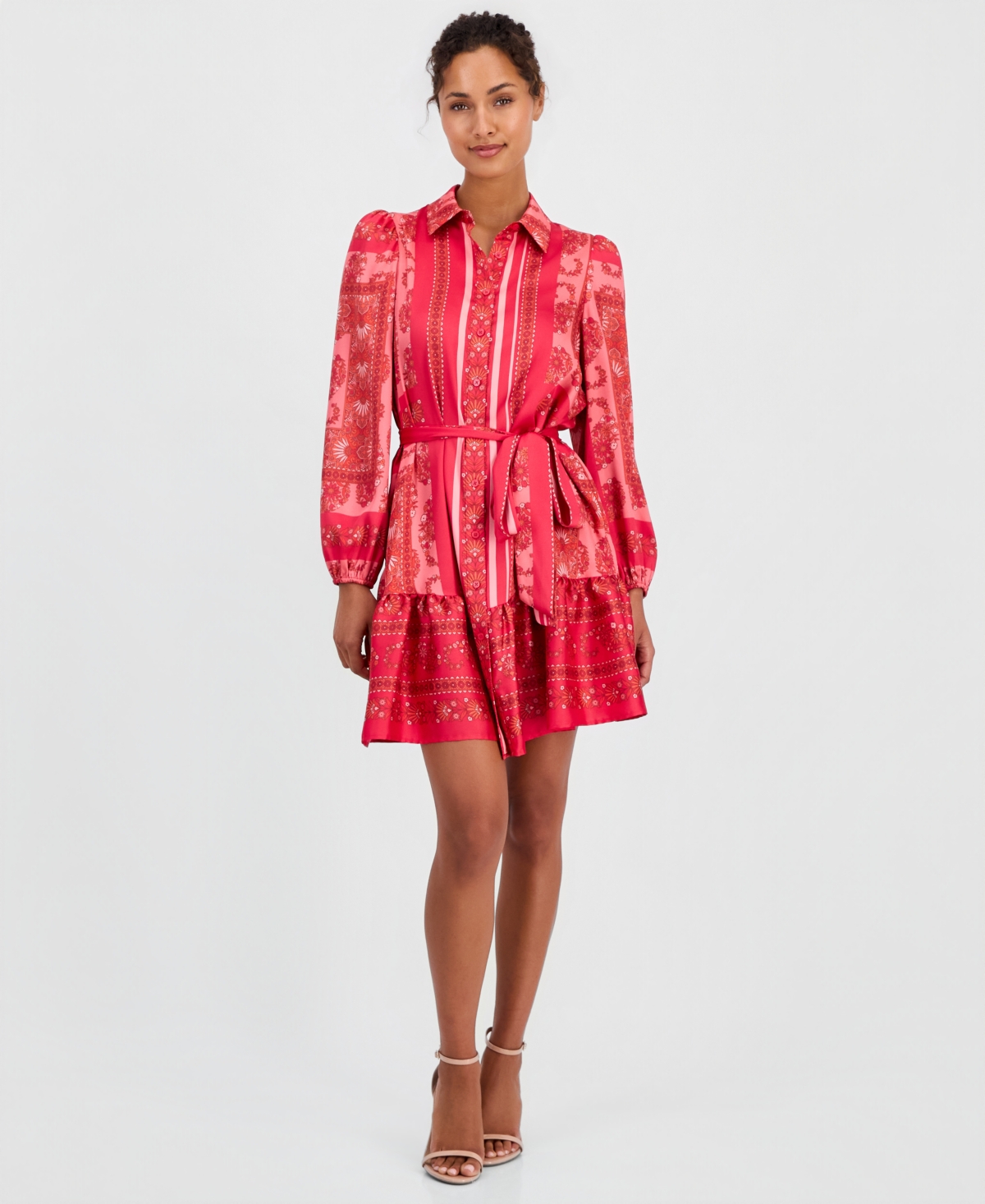 Anne Klein Women's Long-Sleeve Scarf-Print Twill Shirt-Dress