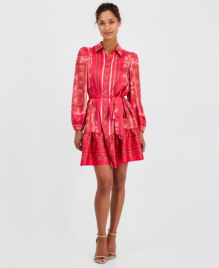 Women's Long-Sleeve Scarf-Print Twill Shirt-Dress