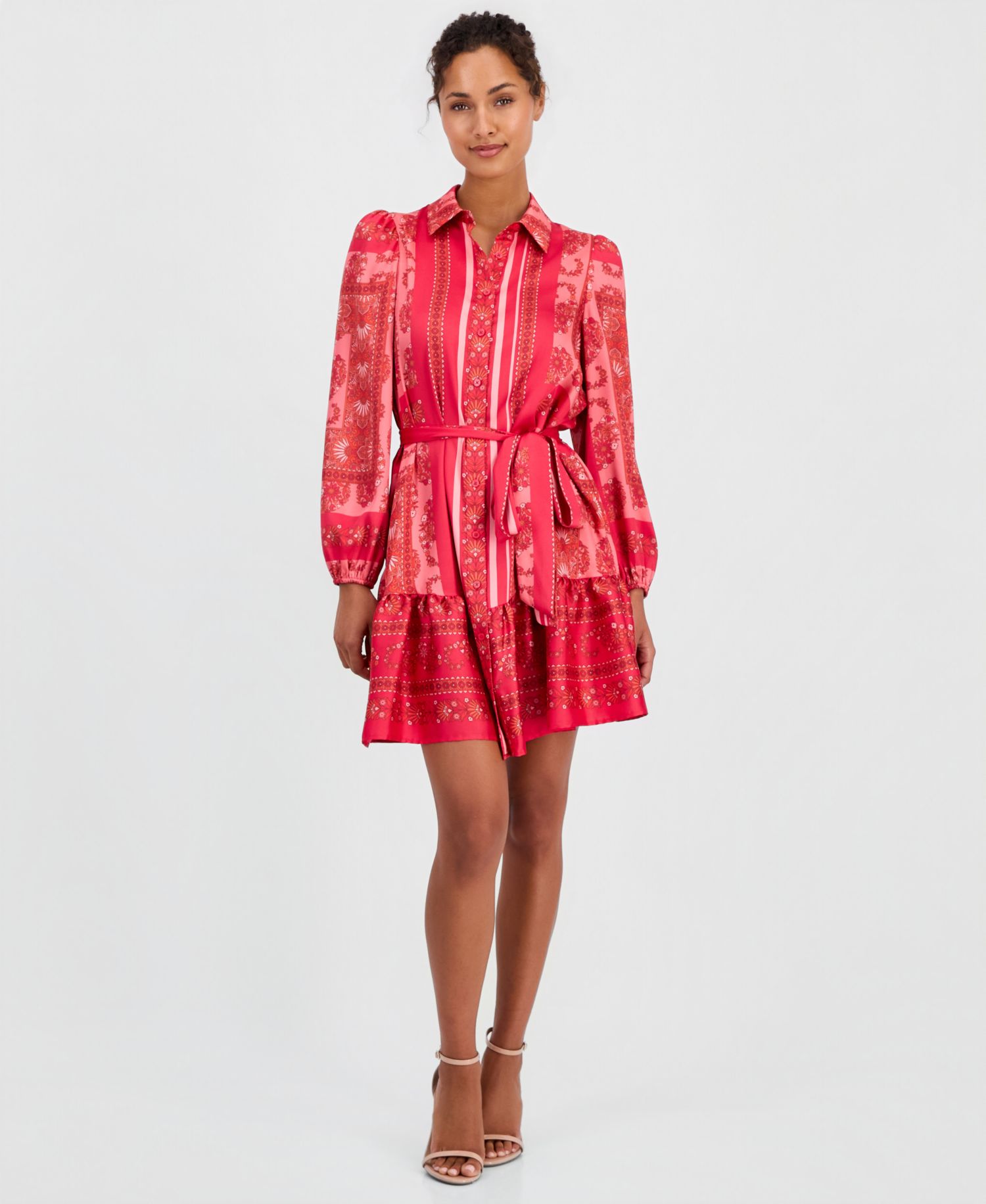 Women's Long-Sleeve Scarf-Print Twill Shirt-Dress