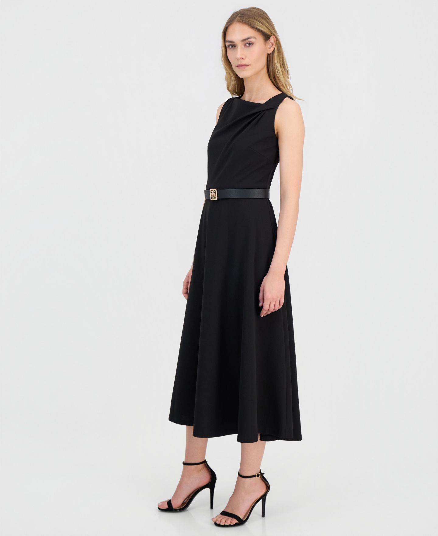 Женское платье Anne Klein Asymmetric-Neck Belted Midi, цвет: Чёрный — фото 3