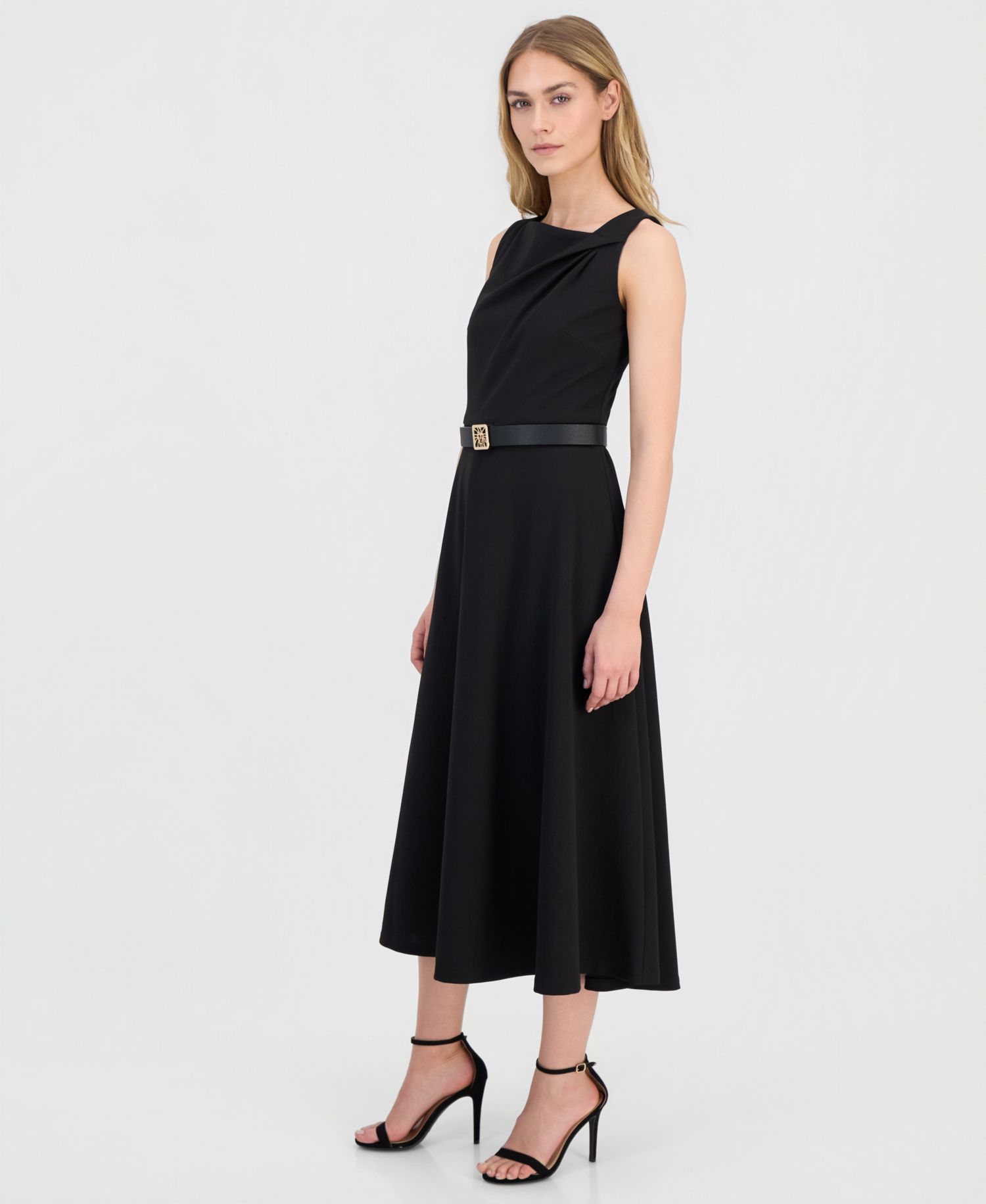 Women's Asymmetric-Neck Belted Midi Dress