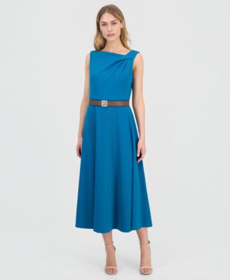 Women's Asymmetric-Neck Belted Midi Dress
