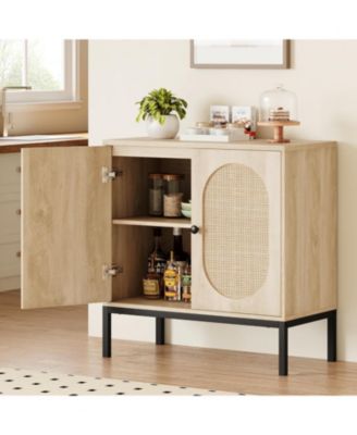 Set of 2 Rattan Sideboard Chest of Drawers with 2 Rattan and Wood Doors, Adjustable Shelves, Metal Feet, 80 cm Wide