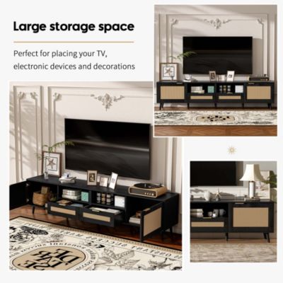 78.8" Cabinet With Storage Rattan TV Stand & Open Shelf