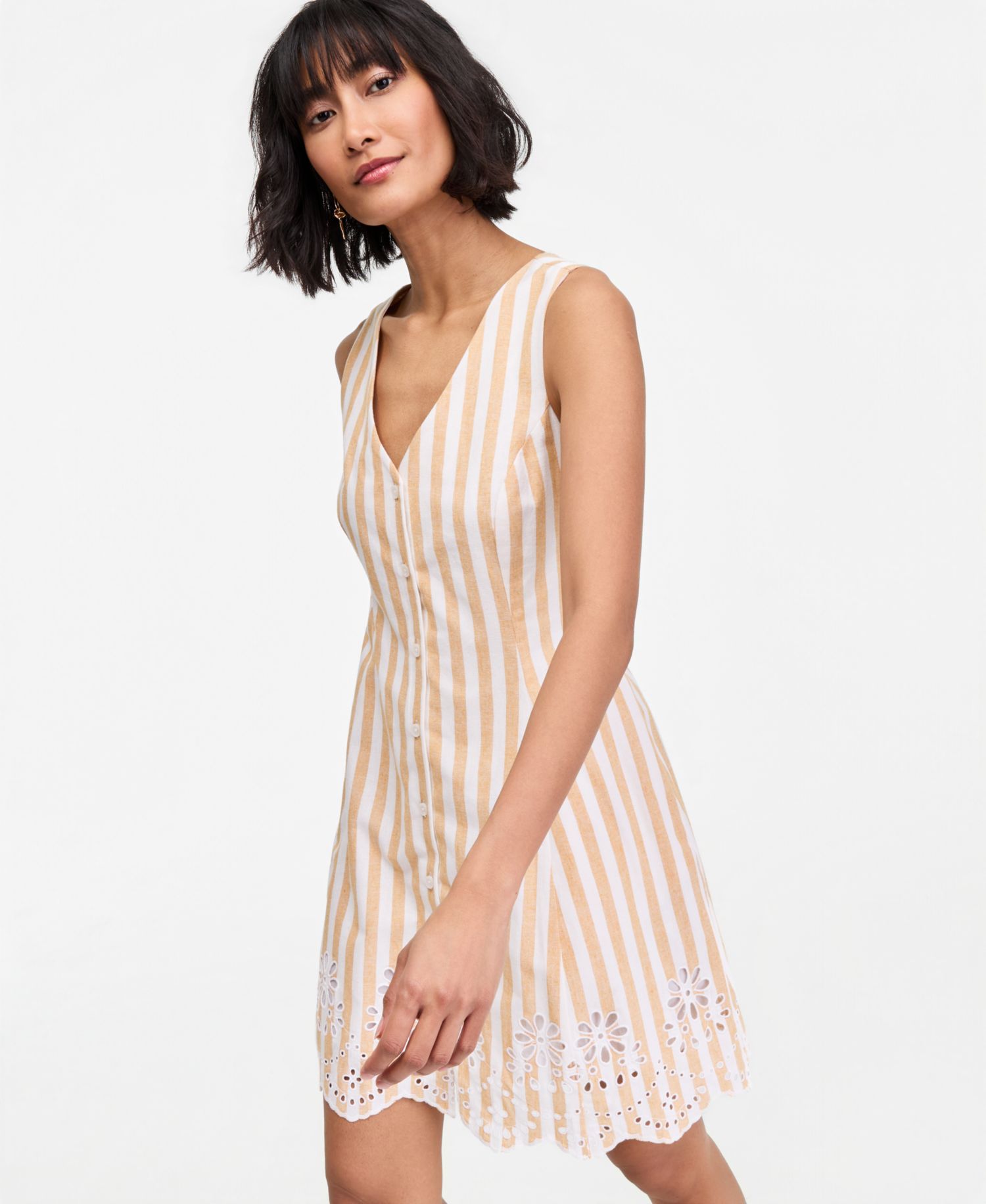 Women's Striped Linen Blend Embroidered Button-Front Mini Dress