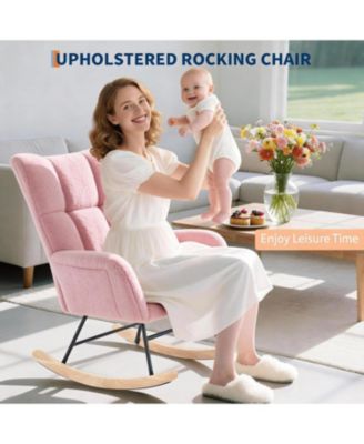 Teddy Fleece Rocking Chair with Headrest, Upholstered Nursery Glider