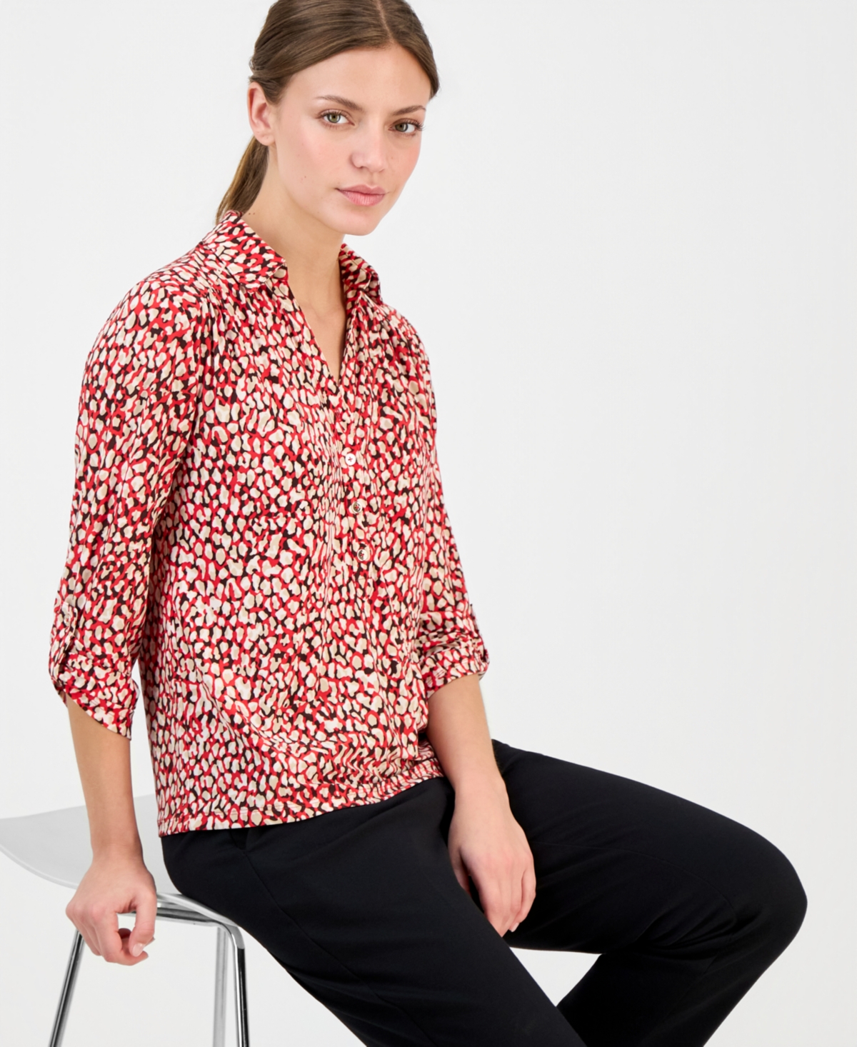 Anne Klein Essentials Petite 3/4-Sleeve Printed Top