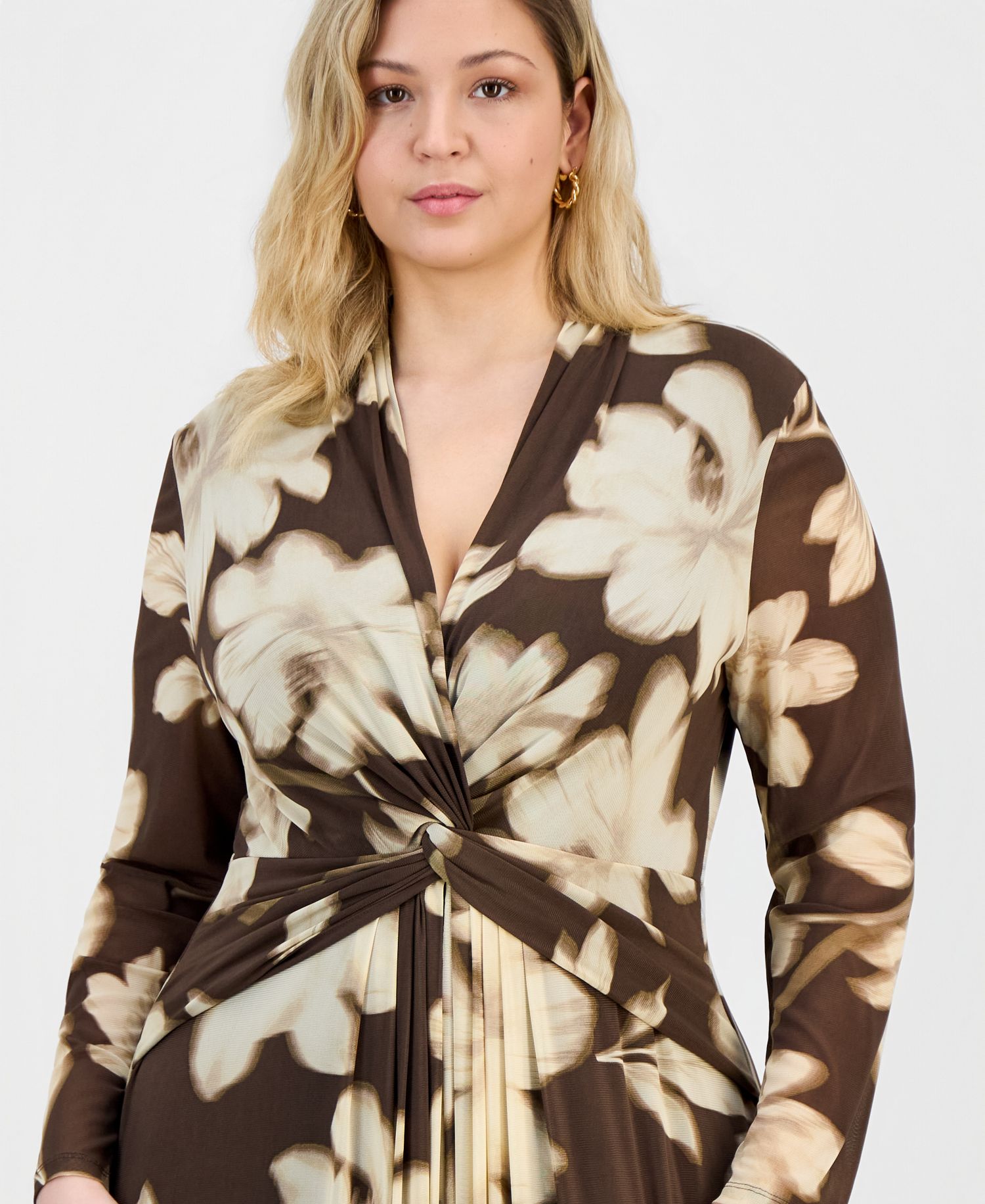 Plus Size Printed Twist-Front Long-Sleeve Mesh Maxi Dress