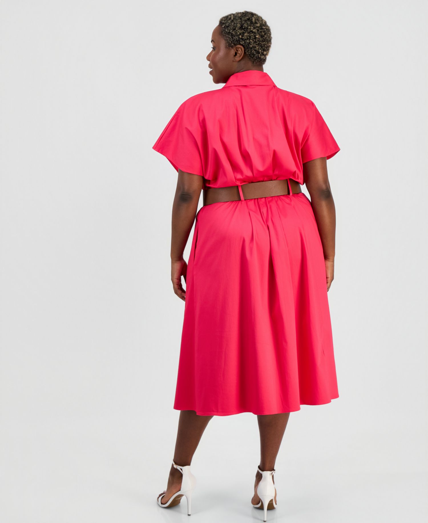 Plus Size Belted Pleated Midi Shirtdress