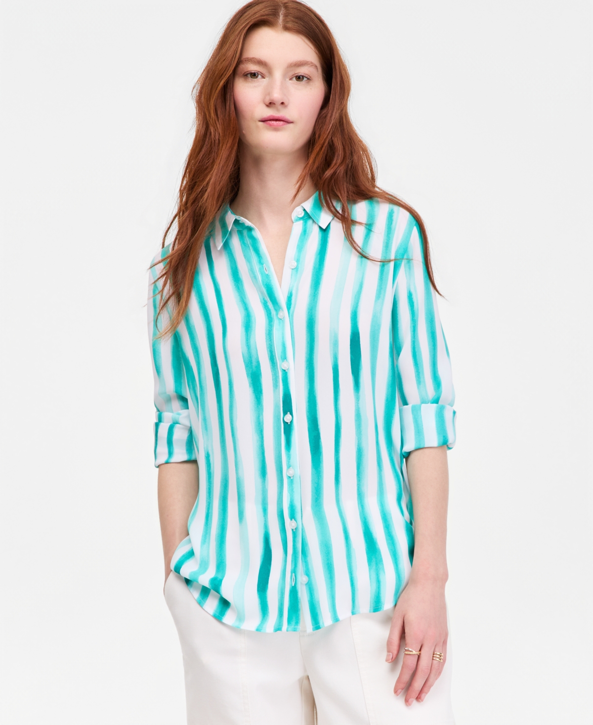 On 34th Women's Button-front Crepe Shirt, Created For Macy's In Blue