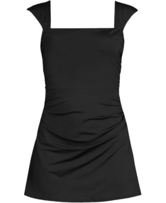 Women's Long Torso NEW Smoothing Square Neck Ruched Swim Dress Swimsuit