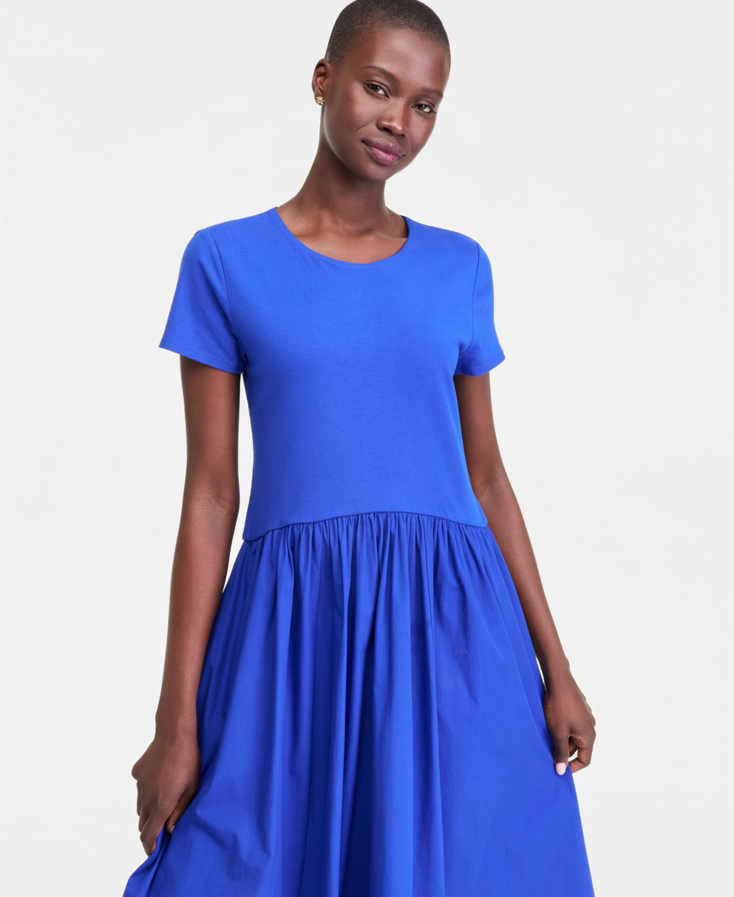 Women's Short-Sleeve Curved-Waist Mixed-Media Midi Dress