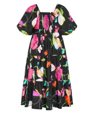 Women's Plus Size Fantasy Print Puff Sleeve Midi Dress
