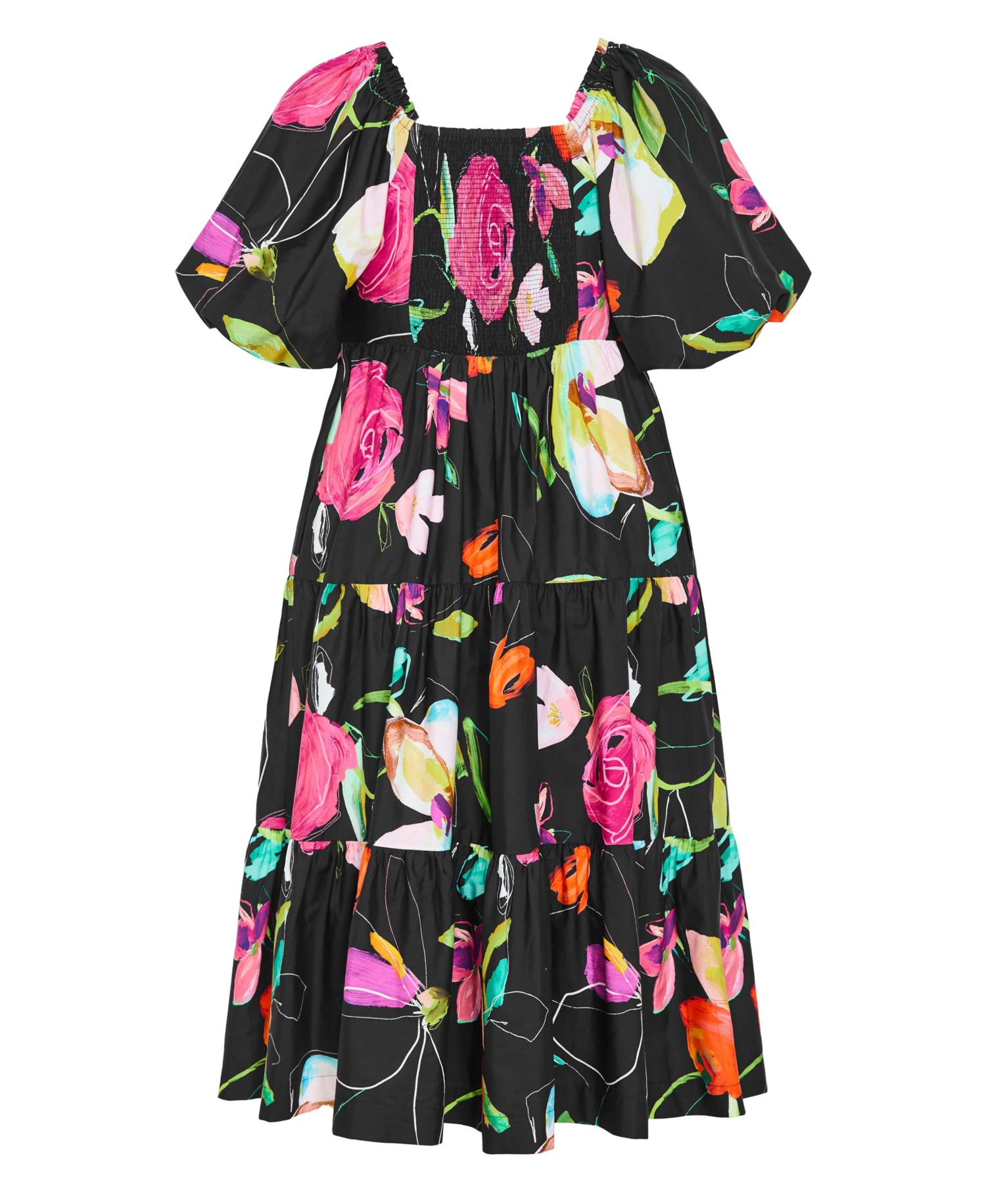 Women's Plus Size Fantasy Print Puff Sleeve Midi Dress