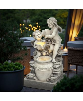 Gray Resin Cherub Angels Outdoor Fountain with LED Light