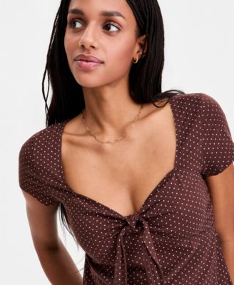 Hippie Rose Juniors' Bunny-Tie Short-Sleeve Sweetheart Top - Macy's