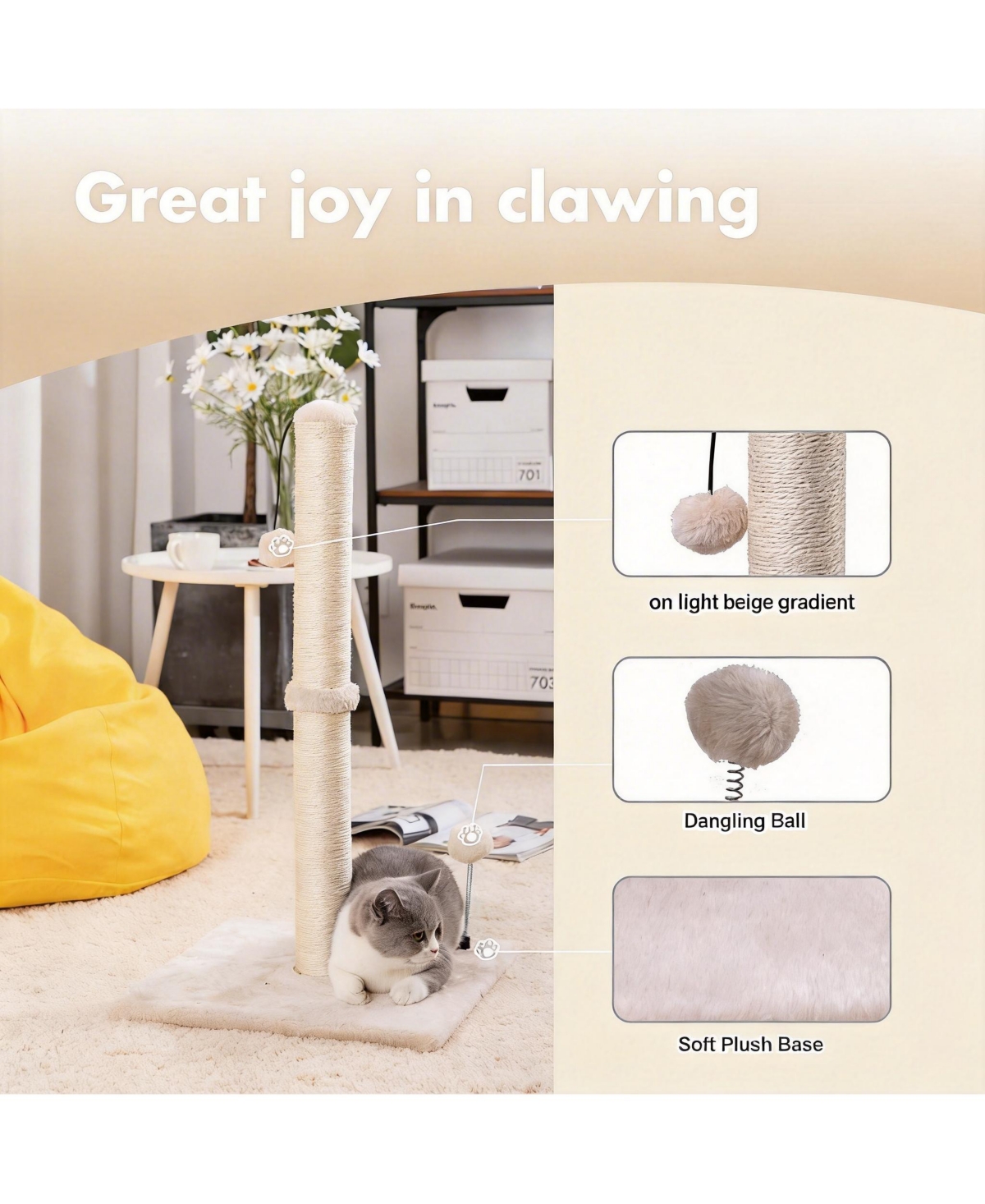 Aronkl 34" Tall Cat Scratcher Sisal Post Tree with Hanging Ball for Indoor Cats