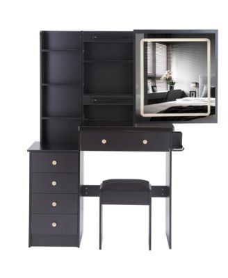 37" Makeup Vanity Set with Touch Control LED Sliding Mirror, Cushioned Stool, Makeup Desk with USB Charge and Hair Dryer Stand for Bedroom