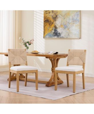Set of 2 Rope Rattan Dining Chairs with Wood Frame and Linen Seat