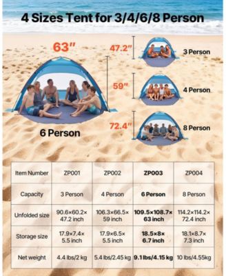 6-Person Beach Tent Sun Shelter with UPF 50+ Protection and Sand Pockets