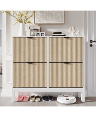 Shoe Storage Cabinet with 4 Flip Drawers, Farmhouse Fluted Shoe Organizer with Metal Legs