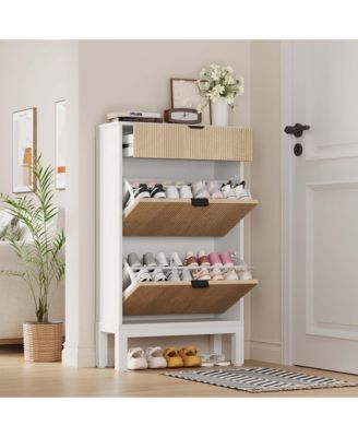 Shoe Storage Cabinet with 2 Flip Drawers & Large Drawer, Farmhouse Fluted Shoe Organizer with Metal Legs