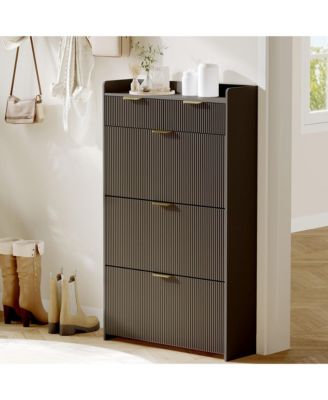 Slim Modern Fluted Shoe Cabinet with 3 Flip Drawers and 2 Top Drawers