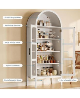 Tall Arched Kitchen Pantry Cabinet with LED Lights, Modern Wood Arched Bookshelf with Glass Doors & Adjustable Shelves, Elegant Display Cabinet