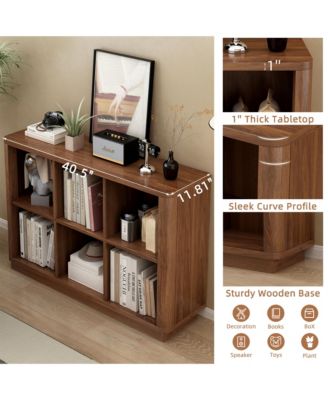 6 Cube Storage Bookcase - Floor Standing 2-Tier Bookshelf, Low Horizontal Wood Book Shelf with Curved Edge for Living Room, Bedroom