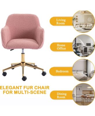 Modern Teddy Fabric Home Office Chair - Adjustable Swivel Desk Chair, Cute Fluffy Computer Chair with Gold Metal Legs for Vanity Room
