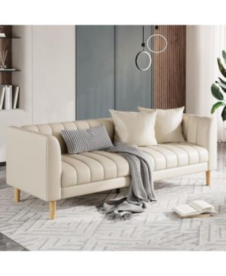 Modern 78" Faux Leather 3-Seater Sofa Couch, Deep Seat with 2 Pillows, Wood Legs, Easy Assembly