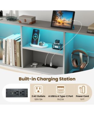 Full Size Bed Frame with Bookcase Headboard and LED Lights