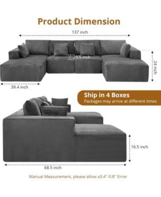 137" Cloud Boneless Sectional Sofa, U-Shaped Modular Couch with Chaise, Corduroy, No Assembly