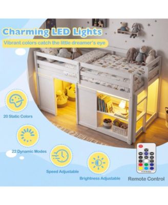 Wooden Low Kids Loft Bed with  LED Lights and 2 Doors