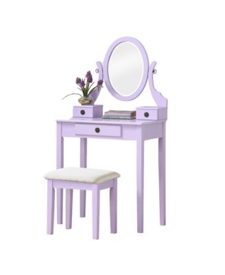 Wood Makeup Vanity Desk and Stool Set - Dressing Table with Mirror and 3 Storage Drawers for Bedroom
