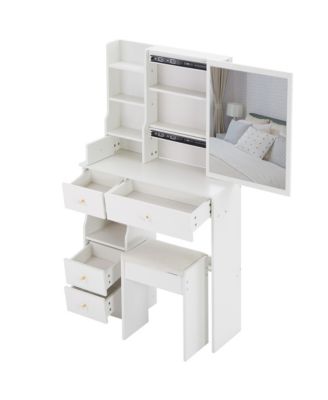 Makeup Vanity Desk Set - Left Drawer Desktop Dressing Table  Cushioned Stool with Sliding Mirror for Compact Bedrooms