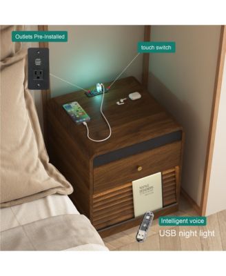 Smart Nightstand with Charging Station and LED Light, Modern Bedside Table with Storage Drawers for Bedroom