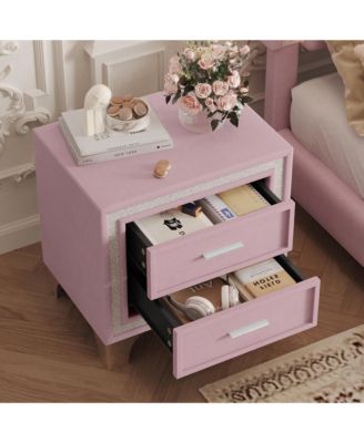 2 Drawers Nightstand with Silver Glitter Strip Decor and Metal Legs, Velvet Bedside Table End Table for Bedroom, Living Room