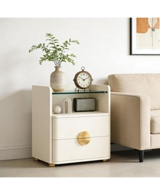 2-Drawer Nightstand, Modern Wood Bedside Table with Open Tempered Glasses Storage Space, End Table for Living Room and Bedroom