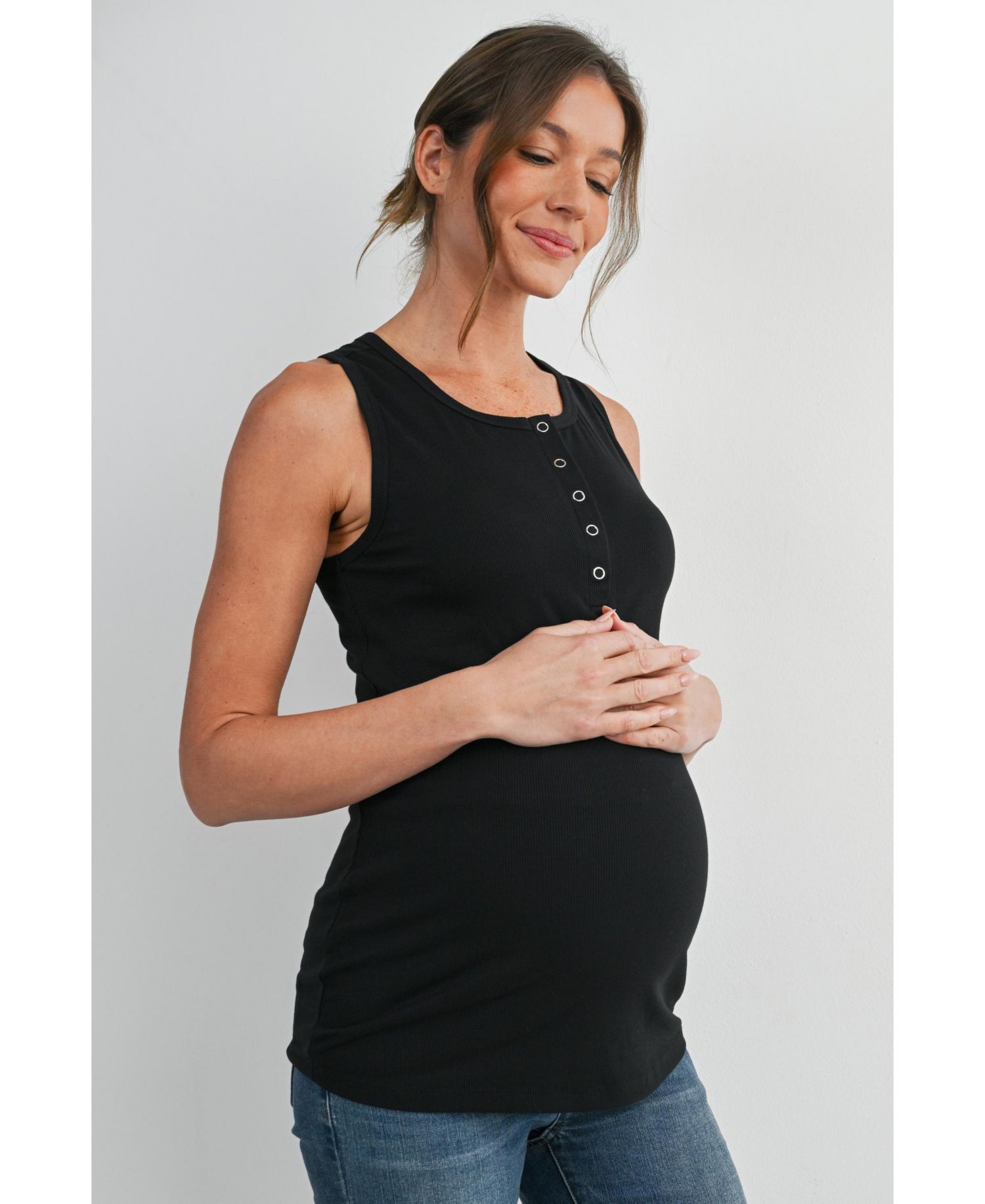 Maternity Ribbed Henley Tank Top Fitted Nursing Friendly
