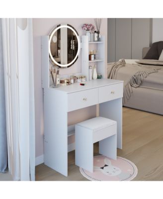 17" Round LED Mirror Vanity Desk  Cushion Stool Suit, Dressing Table with 2 Drawers, 3 Open Shelves for Bedroom