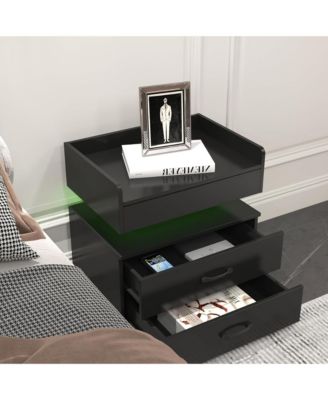 Nightstand with Adjustable LED Strip Light, Wood Bedside Table with 2 Drawers and Open Compartment, End Table for Bedroom