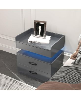 Wood Nightstand with Adjustable LED Light Strip, Modern Bedside Table with 2 Drawers and Open Storage Compartment, Side End Table for Bedroom