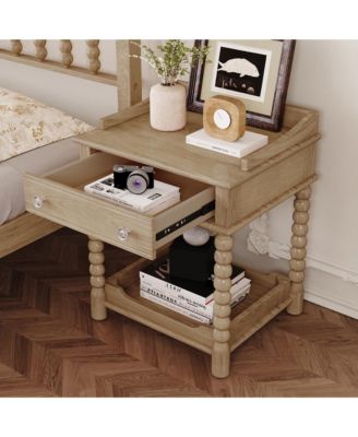 Retro Style Nightstand with Drawer and Open Shelf, Wooden Bedside Table with Turned Legs and Metal Handle for Bedroom, Living Room