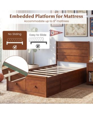 Twin Size Bed Frame w/Storage Drawers Headboard Wooden SlatandEnclosed Base