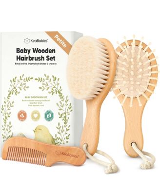 Baby Hair Brush and Comb Set Petite, Oval Wooden Baby Brush Set for Newborns, Infant, Toddler Grooming Kit
