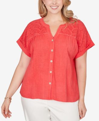 Plus Size Paisley Embroidered Gauze Button T-Shirt