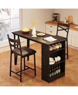 Bar Table Set of 2 with 3 Storage Shelves, Extendable Dining Table with 2 Cushioned Chairs, Small 3Pcs Counter Height Table Set for Kitchen