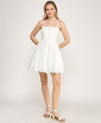 Juniors' Sleeveless Corset Detail Embroidered Dress